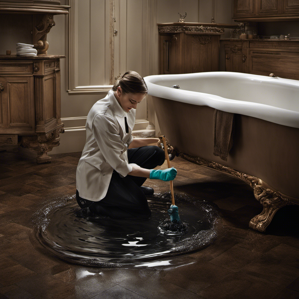 An image of a person wearing rubber gloves, kneeling beside a clogged bathtub filled with standing water