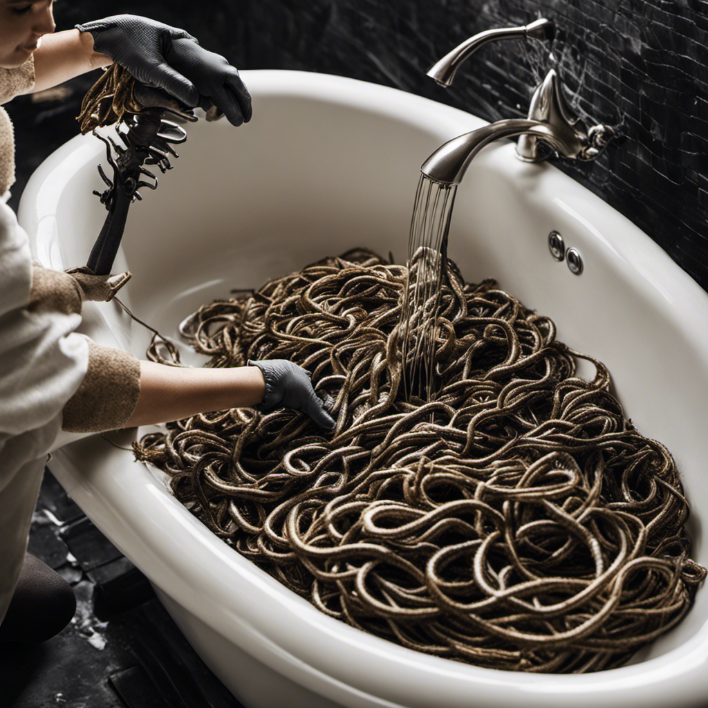 An image showcasing a close-up view of a clogged bathtub drain covered in tangled strands of hair, while a pair of gloved hands armed with a drain snake work diligently to remove the obstruction