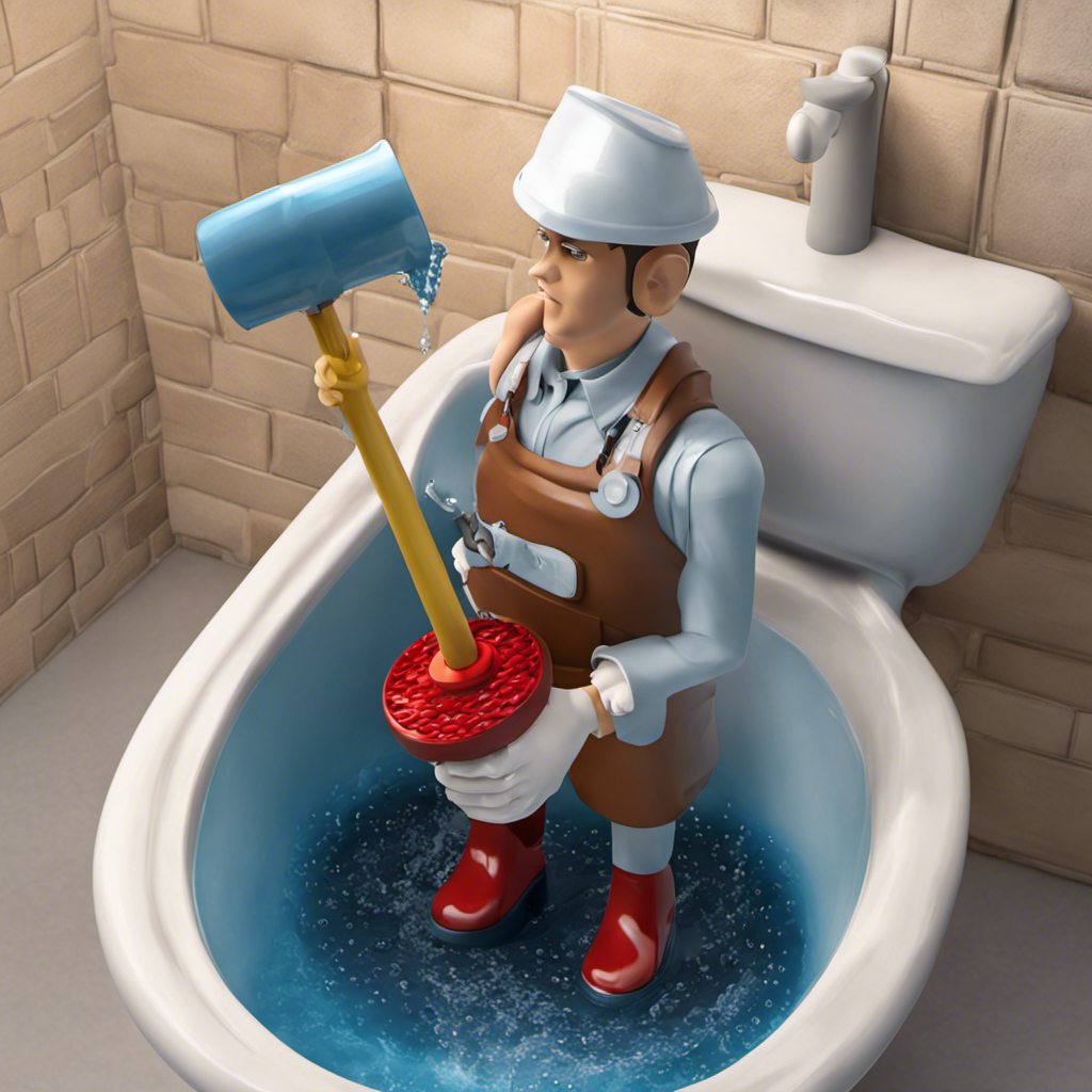 An image of a person wearing rubber gloves, holding a plunger and removing a clog from a bathtub drain
