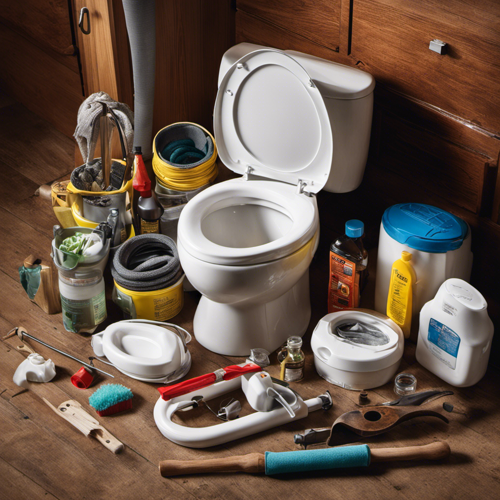 An image capturing a close-up view of a camper toilet bowl filled with overflowing waste, surrounded by a variety of unclogging tools such as a plunger, snake, and cleaning solution, emphasizing the struggle of unclogging and the need for effective solutions