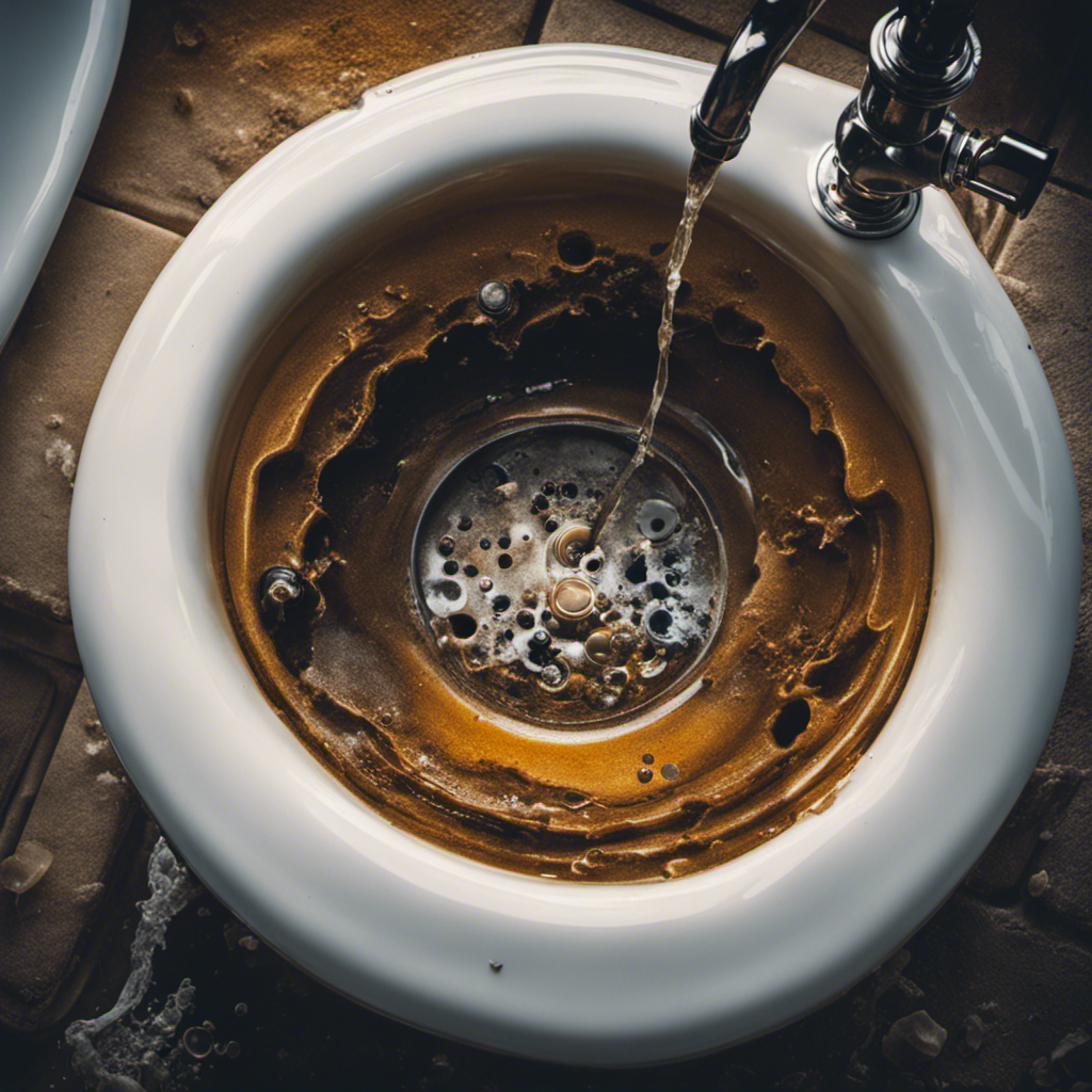 An image showcasing a close-up view of a clogged bathtub drain, with water backing up, surrounded by a variety of common clog-causing items like hair, soap residue, and debris