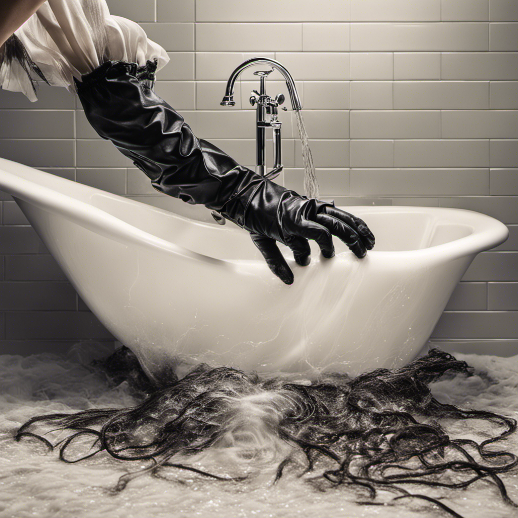 An image of a gloved hand reaching into a clogged bathtub drain, pulling out clumps of tangled hair