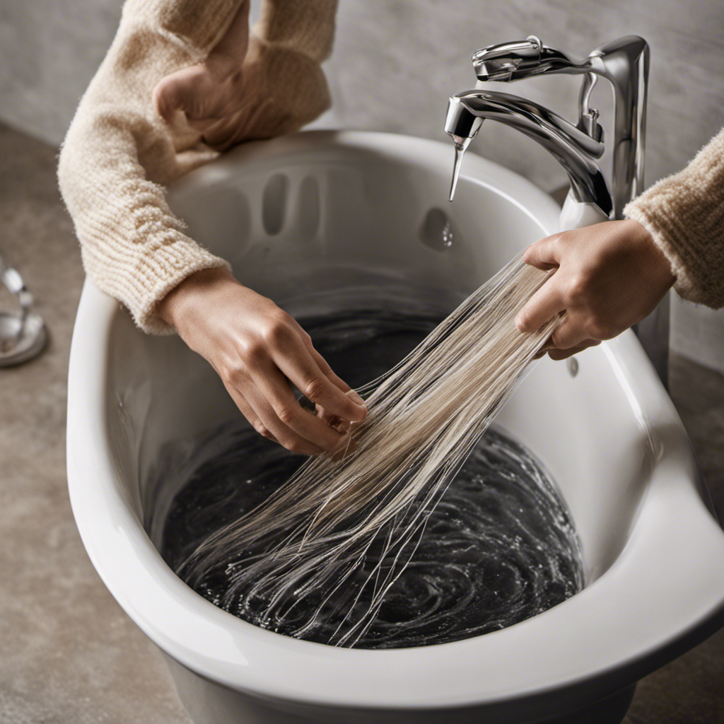 An image capturing the process of unclogging a bathtub filled with tangled hair: a gloved hand firmly gripping a clogged drain, pulling out clumps of hair, as water flows freely once again