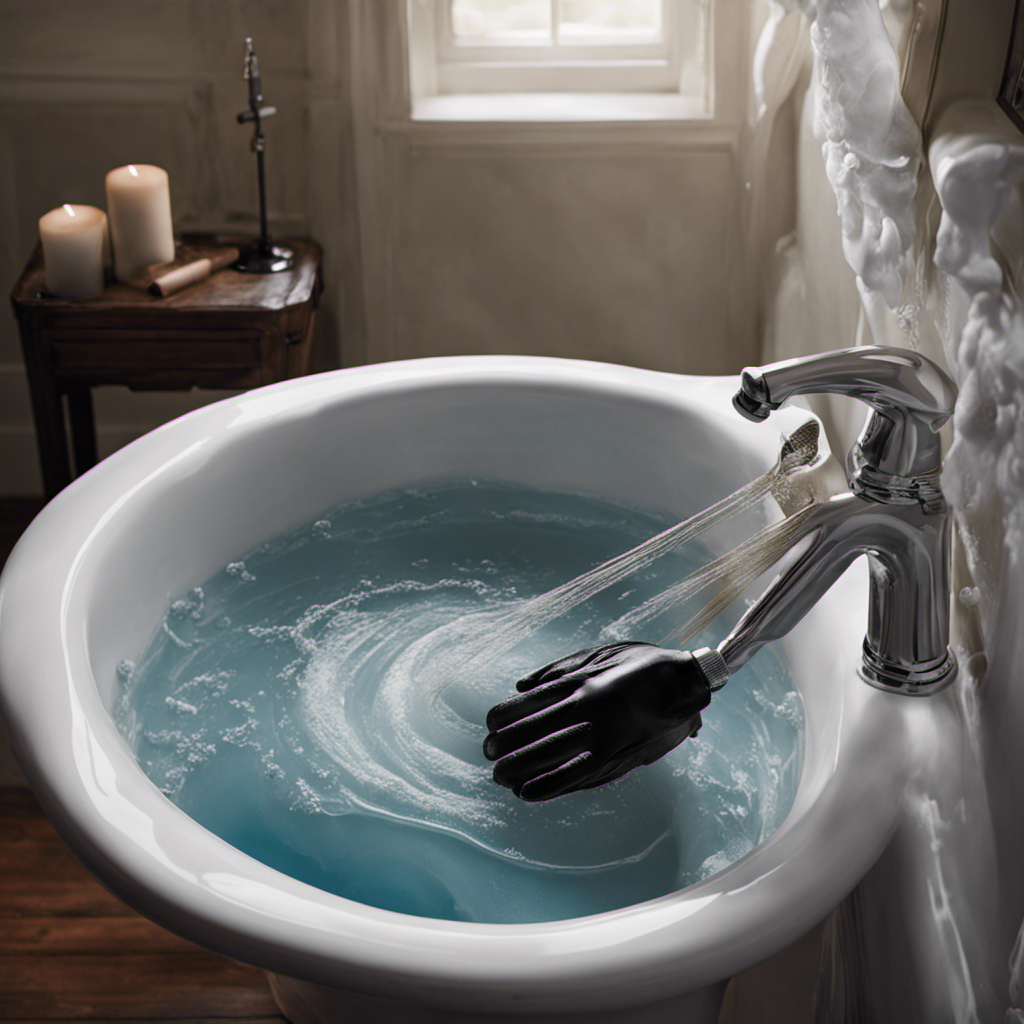 An image capturing a close-up of a gloved hand, gripping a plunger tightly, as it vigorously plunges a clogged bathtub drain