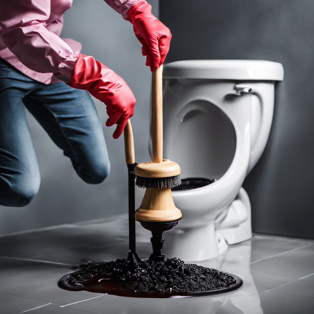 An image showcasing a person wearing rubber gloves, holding a plunger, while standing in front of a clogged toilet