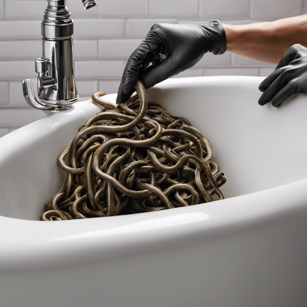 An image showcasing a close-up view of a bathtub drain covered in gunk and hair, with a pair of gloved hands using a drain snake to effortlessly remove the clog