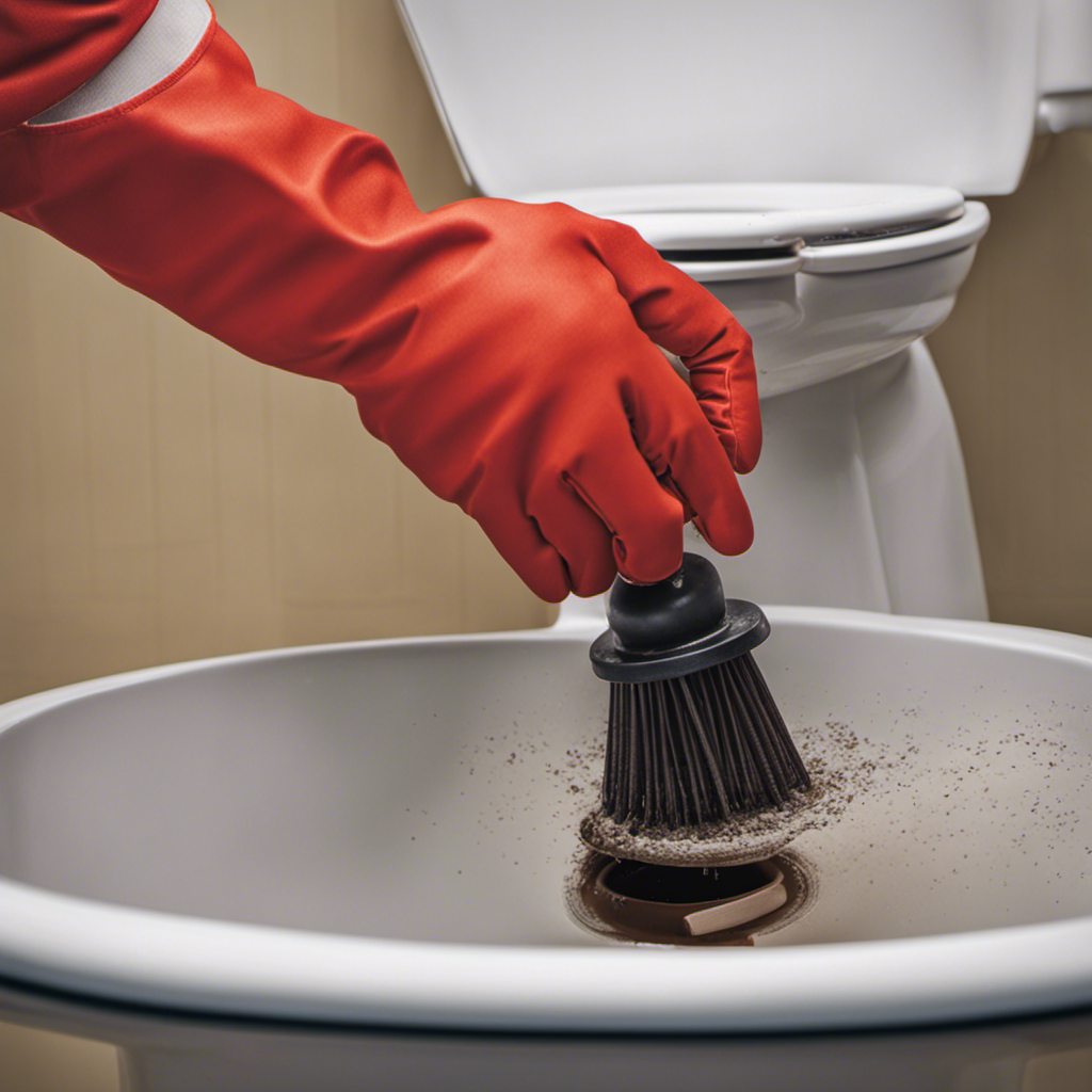 An image showing a close-up view of a gloved hand using a plunger to vigorously push and pull, dislodging debris from a clogged toilet drain