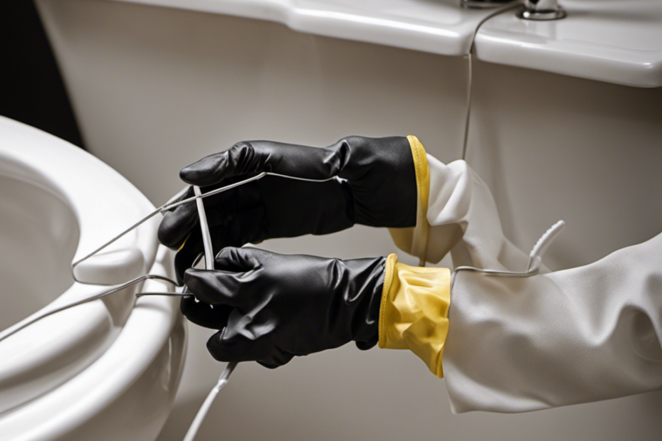 An image capturing a close-up of a pair of gloved hands wearing rubber gloves, gripping a long, sturdy wire hanger