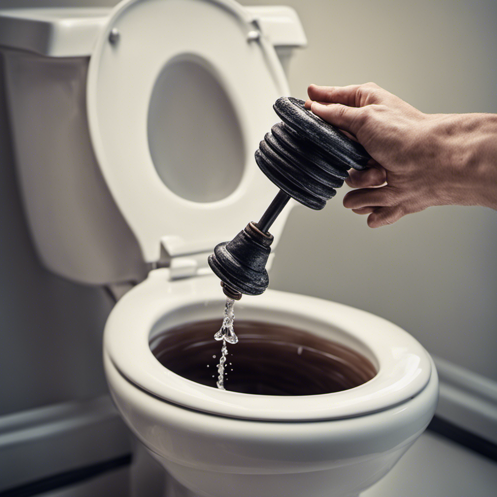 An image showcasing a hand holding a plunger, positioned above a clogged toilet