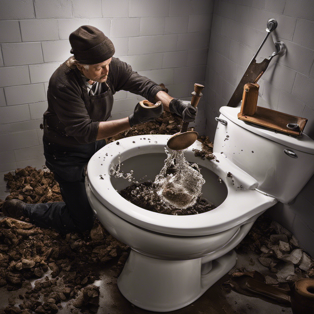 An image of a person wearing gloves, holding a plunger, and standing in front of a clogged toilet