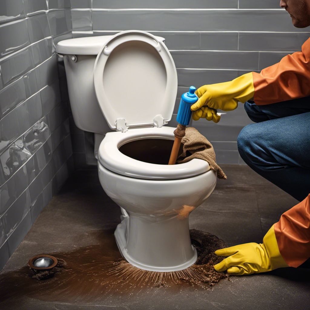 An image capturing the process of unclogging toilet pipes: a person wearing rubber gloves, using a plunger to exert downward pressure on the clogged pipe, while water splashes out, demonstrating successful unclogging