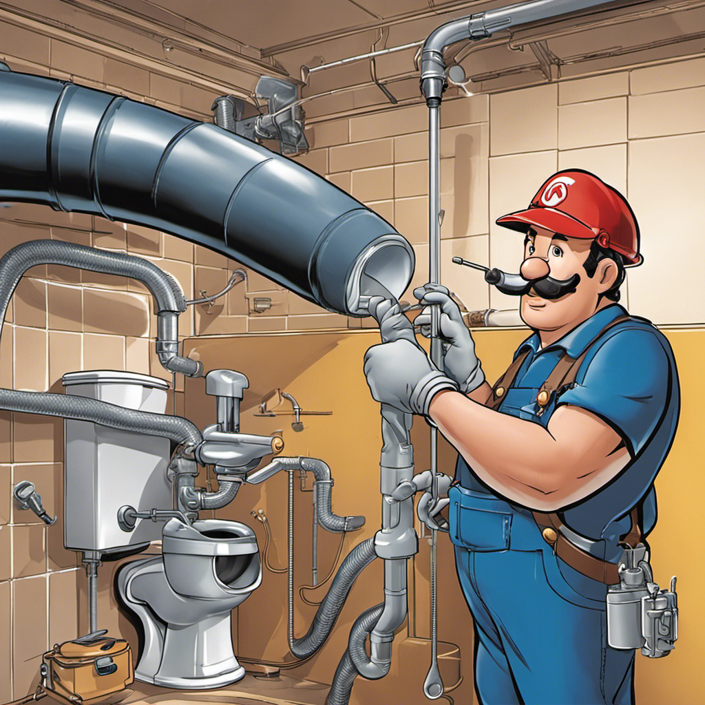 An image showcasing a close-up of a plumber's hand using a snake-like tool to clear a toilet vent pipe, while a transparent diagram illustrates the pipe's obstruction and subsequent clearing process