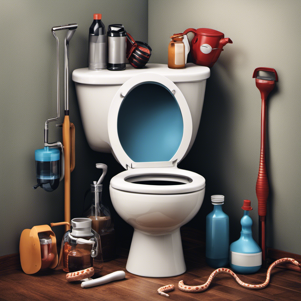 An image showcasing a frustrated person attempting various methods to unclog a toilet, including using a plunger, a toilet snake, pouring hot water, and using a chemical drain cleaner