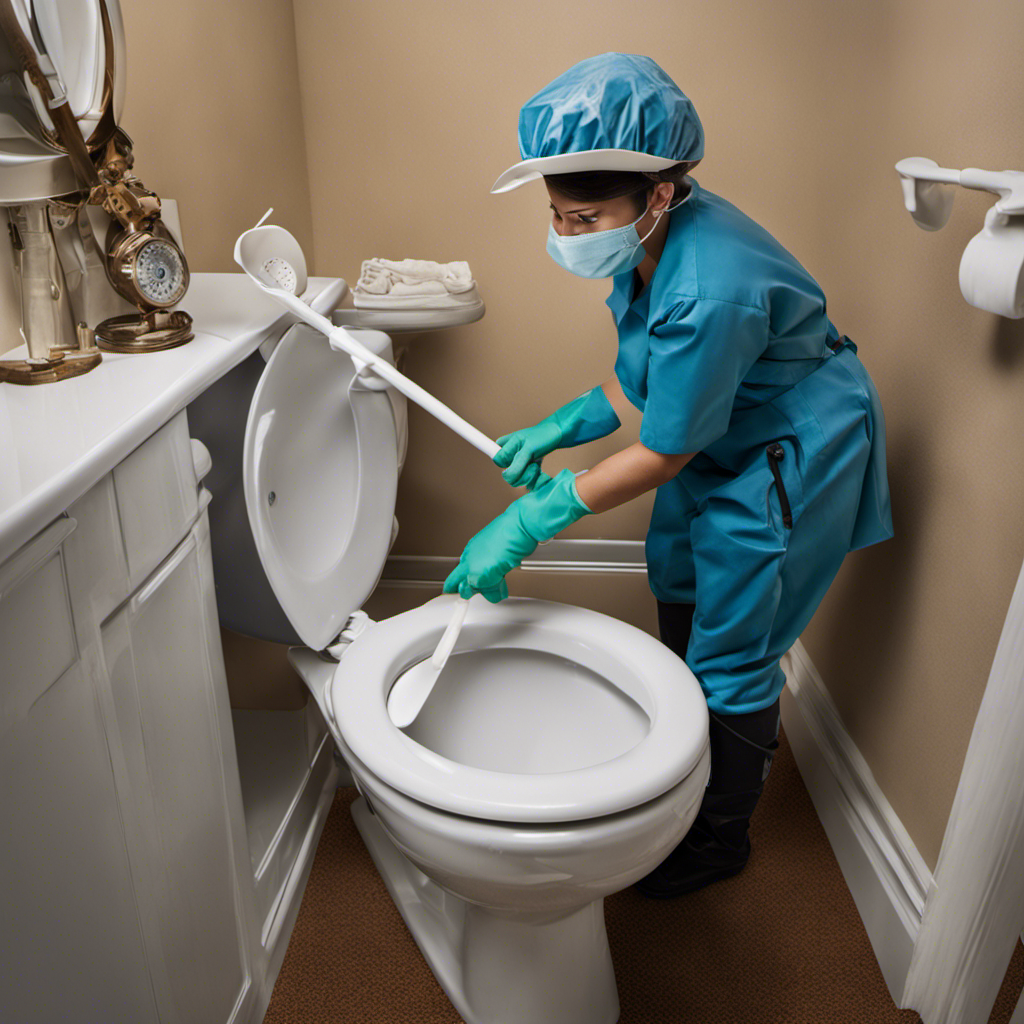 An image depicting a person wearing rubber gloves and using a toilet auger to tackle a clogged toilet