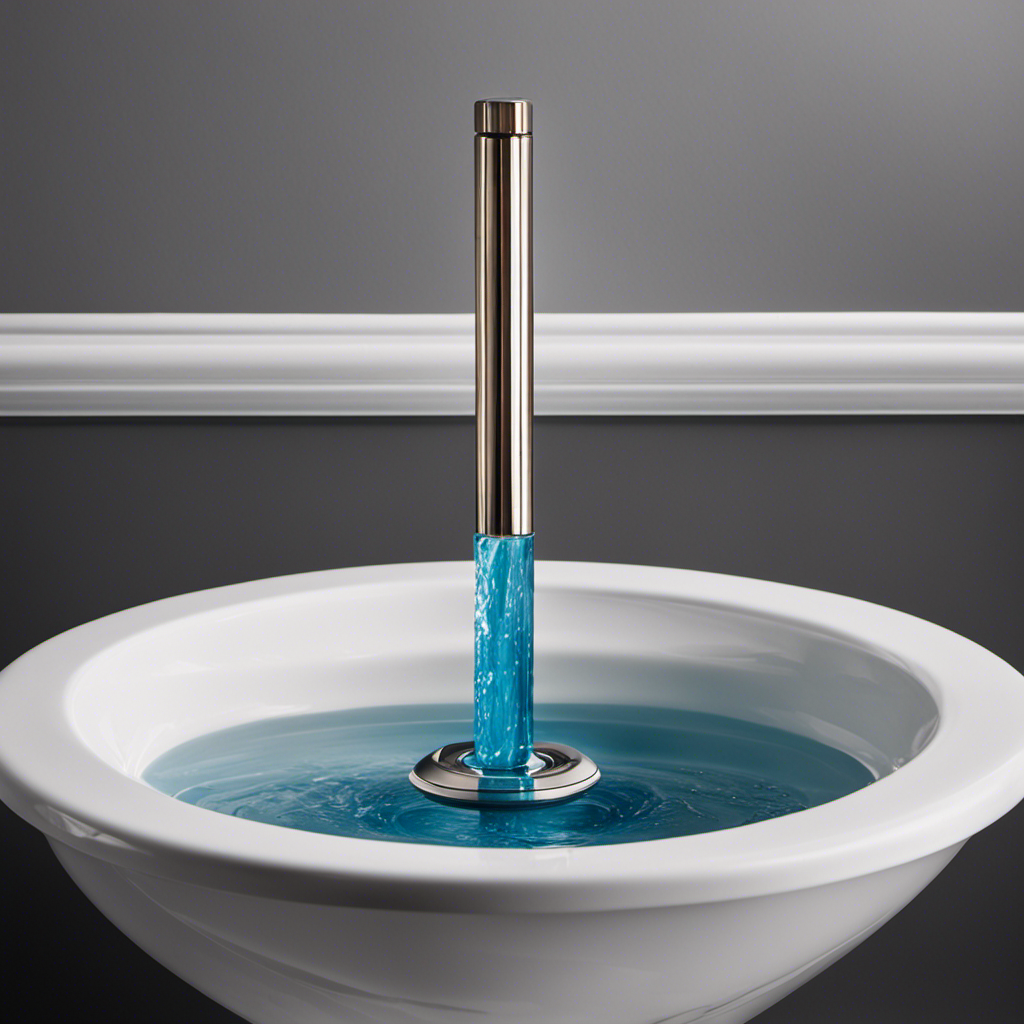 An image showcasing a close-up view of a plunger firmly pressed against the toilet bowl, with water visibly rising as the user exerts force, demonstrating the effective method of unclogging a toilet