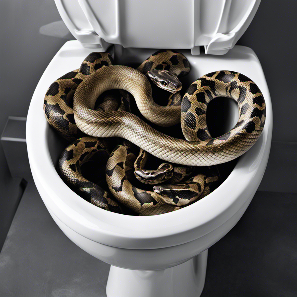 An image that showcases a close-up view of a plumber's hand, firmly grasping a coiled plumbing snake as it disappears into the toilet bowl, illustrating the process of unclogging a toilet with a snake