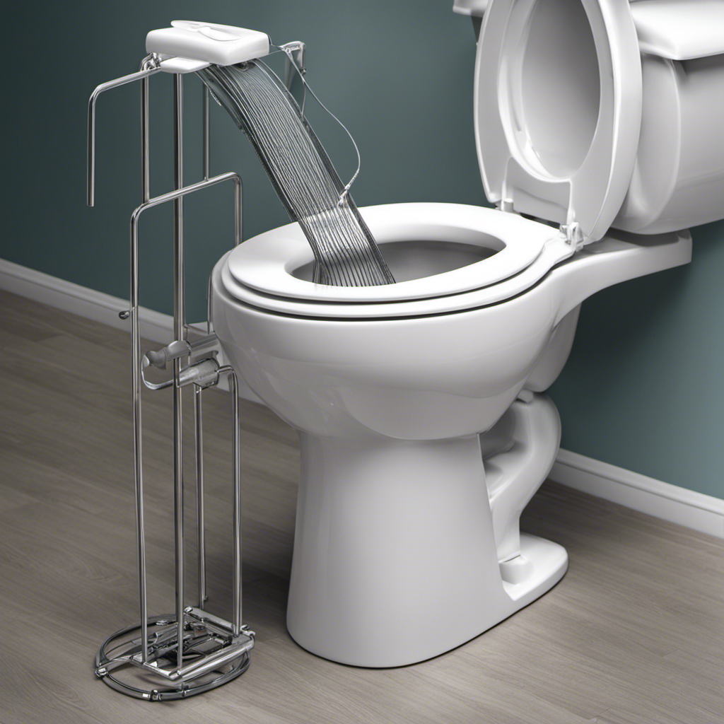 An image depicting a person wearing gloves, using a wire hanger to unclog a toilet