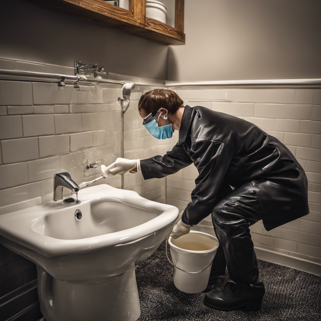 An image showcasing a person wearing rubber gloves, holding a bucket filled with hot water, gently pouring it into a toilet bowl