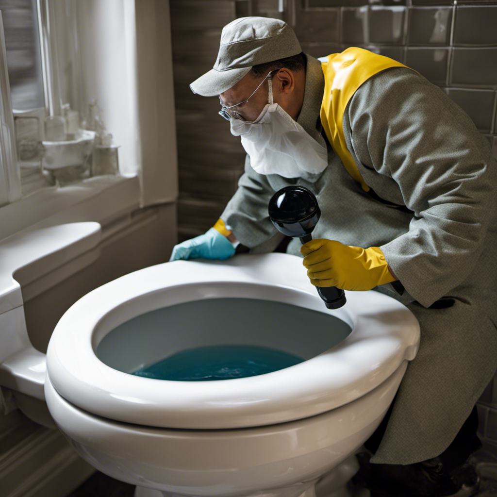 An image showcasing a person wearing rubber gloves, using a plunger vigorously on a clogged toilet