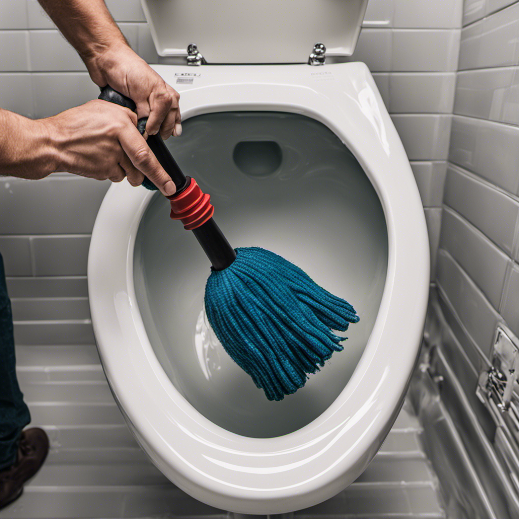 An image showcasing a step-by-step guide on unclogging a toilet: a person wearing gloves, using a plunger to exert pressure, water motion illustrating force, and a clear drainage path