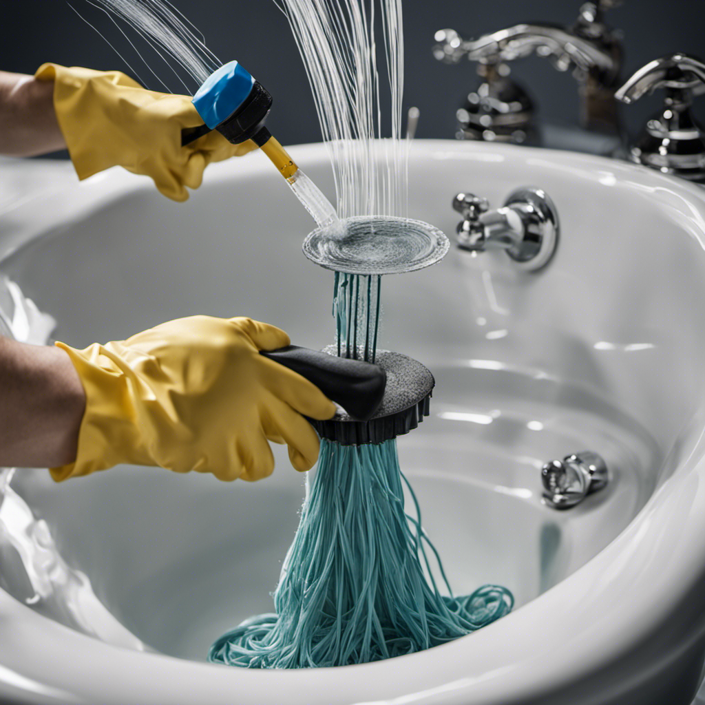 An image showcasing a person wearing rubber gloves, holding a plunger and removing a clump of tangled hair from a clogged bathtub drain