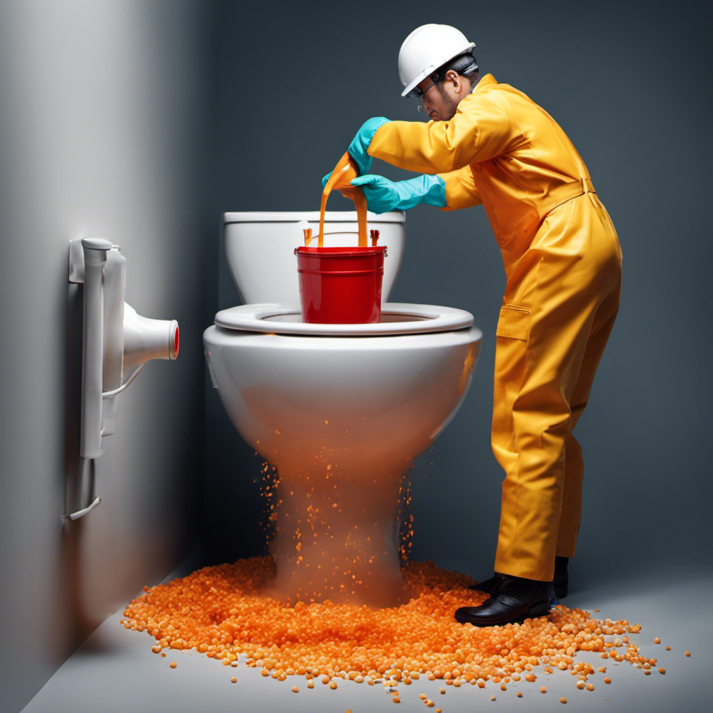 An image showcasing a person wearing rubber gloves, holding a bucket of hot water, while pouring it into a toilet bowl