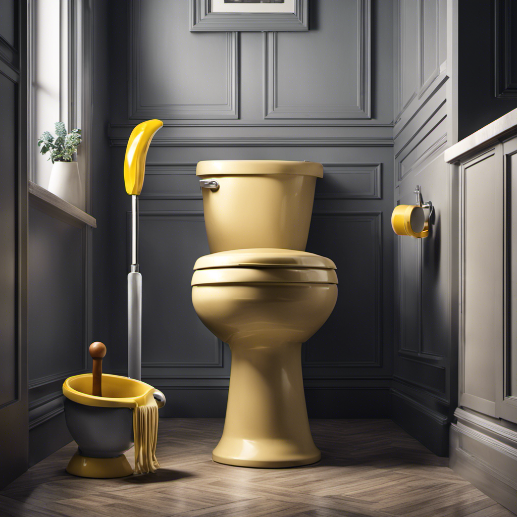 An image showcasing a hand clad in rubber gloves holding a plunger, positioned above a clogged toilet