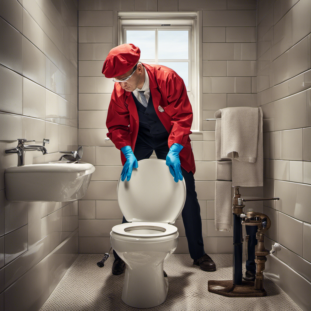 An image showcasing a person wearing rubber gloves, using a plunger to vigorously plunge a clogged toilet
