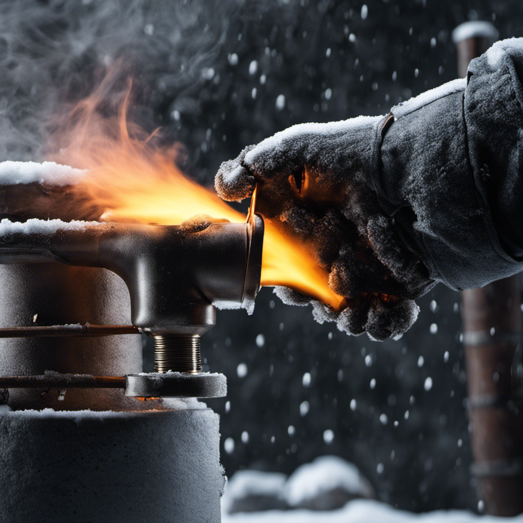 An image of a gloved hand gripping a blowtorch, heating up an exposed section of frozen toilet pipes