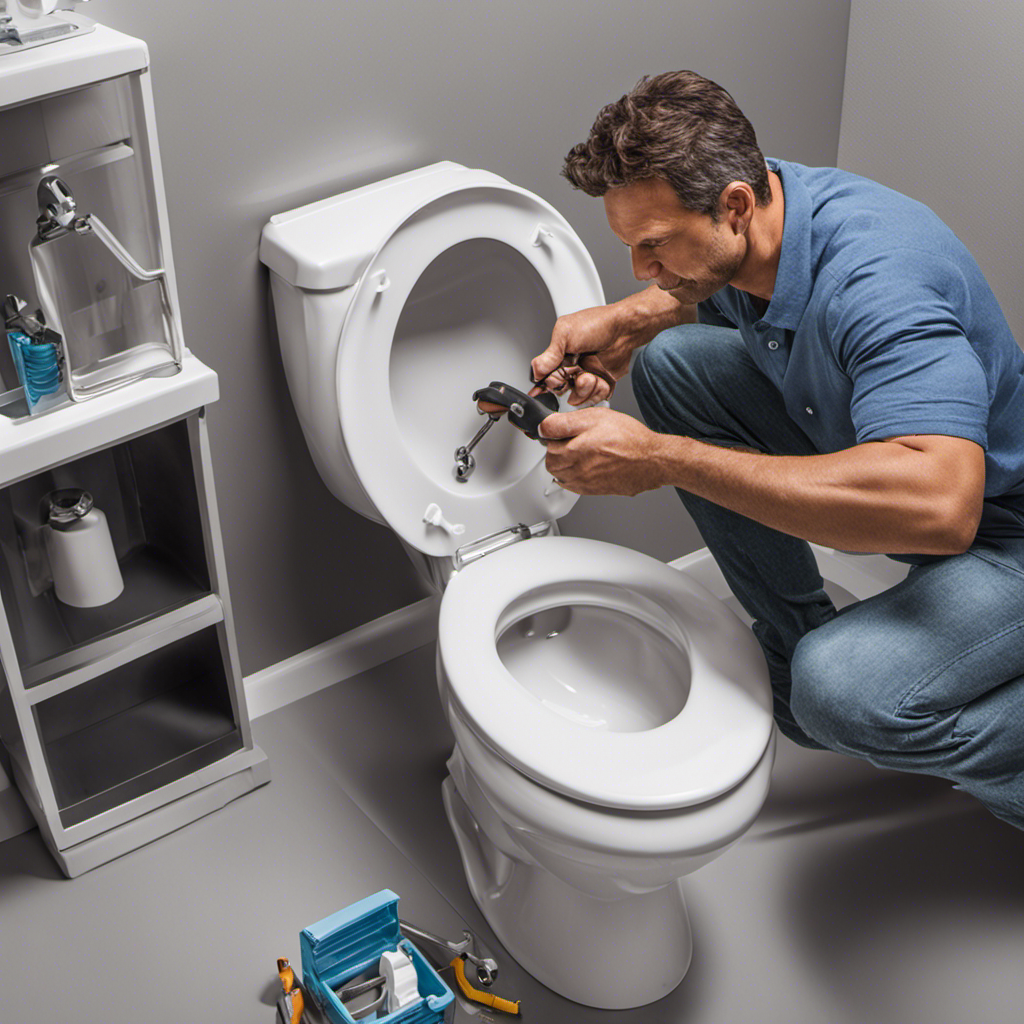 An image showcasing a step-by-step guide to uninstalling a toilet: bold hands gripping a wrench, unscrewing bolts, disconnecting water supply, and carefully lifting the toilet off the flange