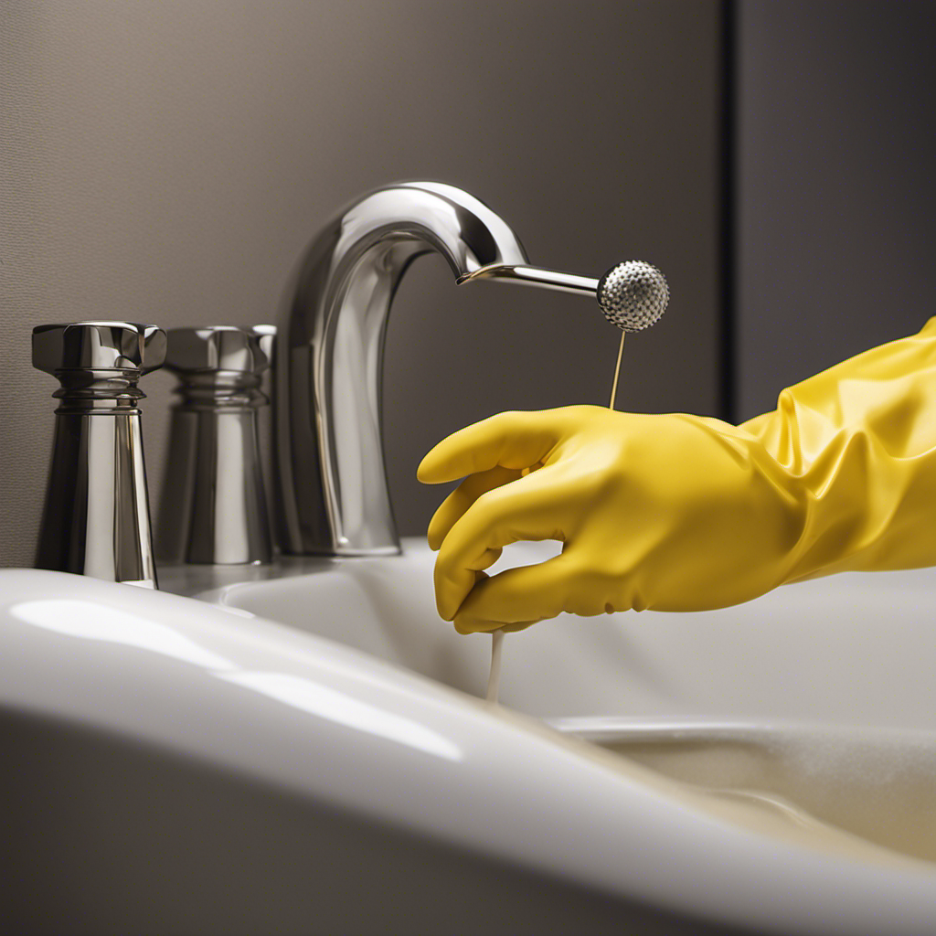 An image that showcases a close-up view of a hand wearing rubber gloves, gripping a sturdy plunger, positioned over a clogged bathtub drain