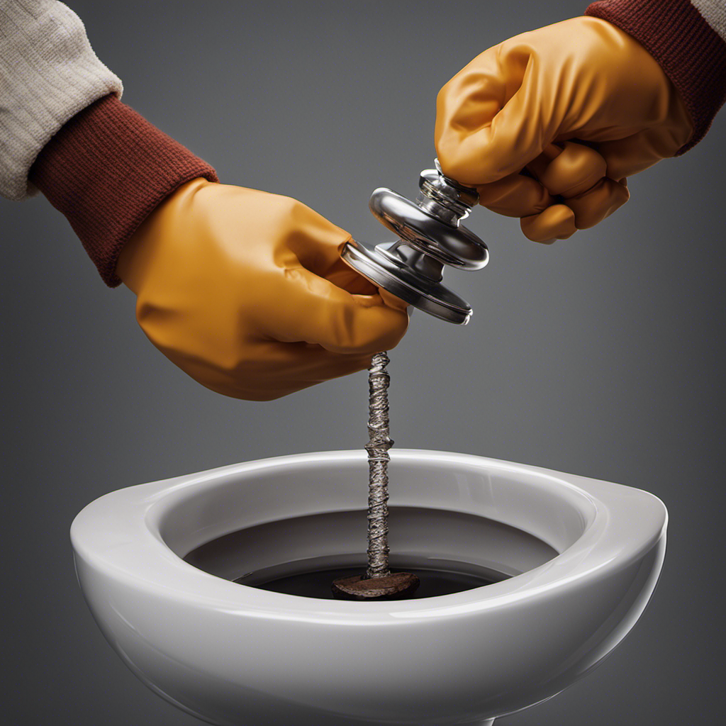 An image showcasing a pair of gloved hands holding a plunger, positioned over a toilet bowl