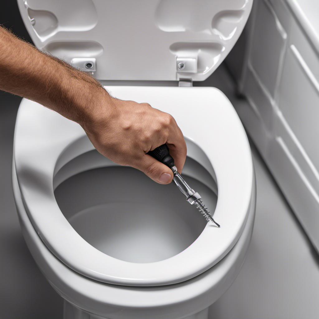An image showcasing a close-up view of a hand gripping a screwdriver, positioned beneath a toilet seat