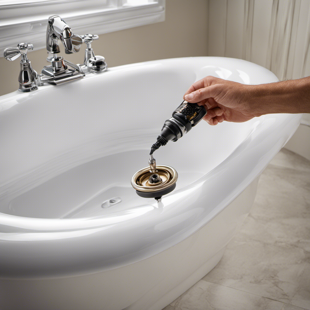 An image showcasing the step-by-step process of removing a bathtub drain stopper: a pair of hands gripping a screwdriver, disassembling the drain mechanism, revealing the unscrewed stopper, and finally, the removed stopper laying next to the bathtub