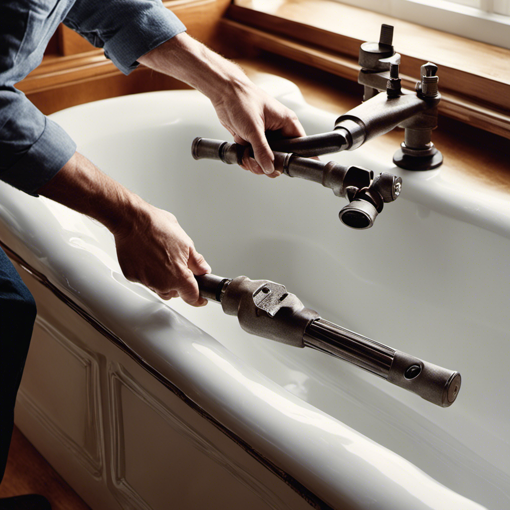 An image showcasing a pair of hands wielding a sturdy pipe wrench, effortlessly turning counterclockwise and loosening a corroded bathtub drain