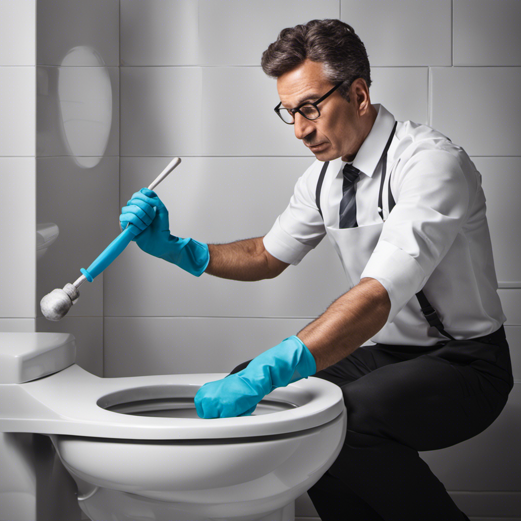 An image showing a person wearing rubber gloves, holding a plunger with both hands, positioned over a toilet bowl filled with water