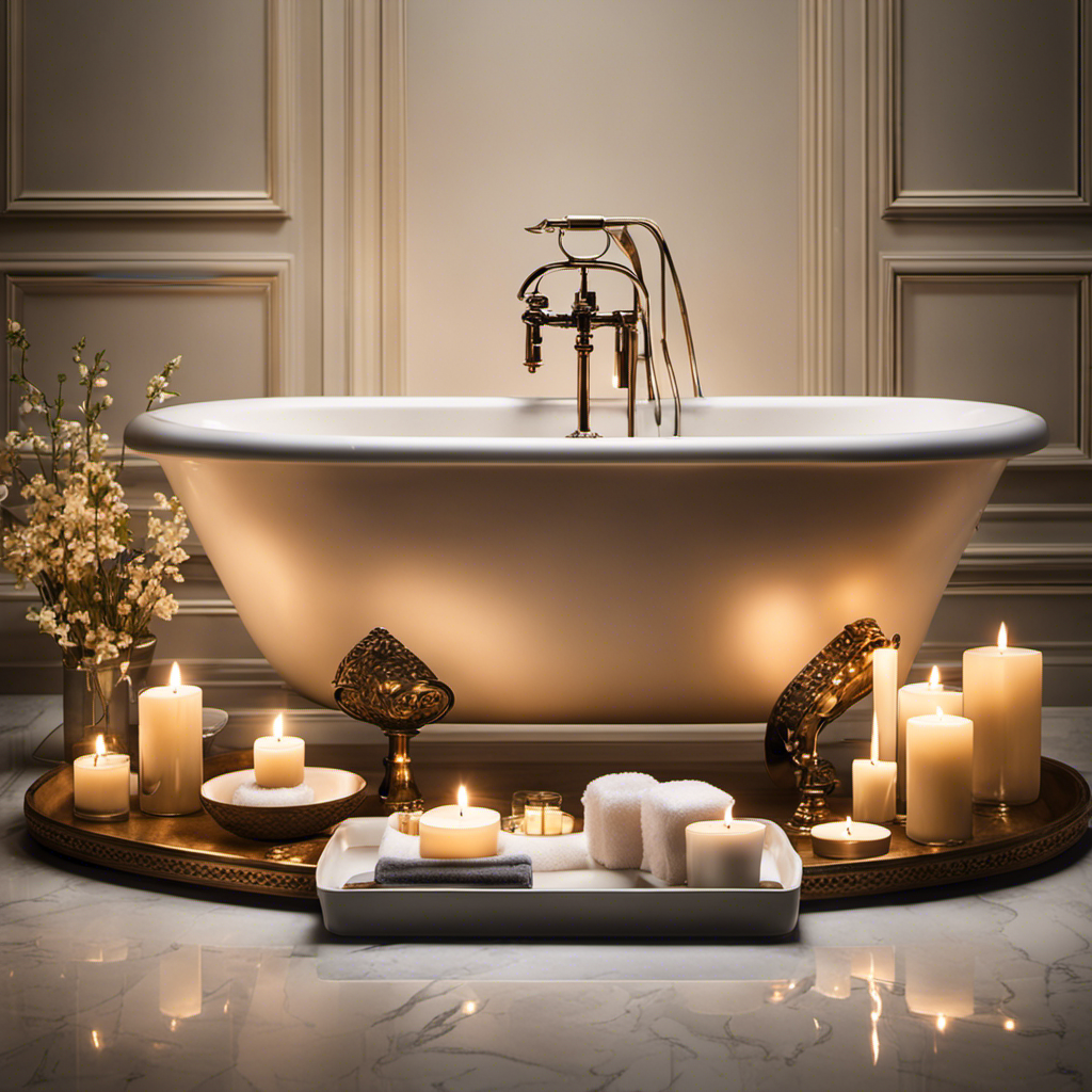 An image that showcases a serene bathroom setting with a filled bathtub, surrounded by scented candles, fluffy towels, and a tray of bath essentials, inviting readers to learn how to indulge in a luxurious bath experience