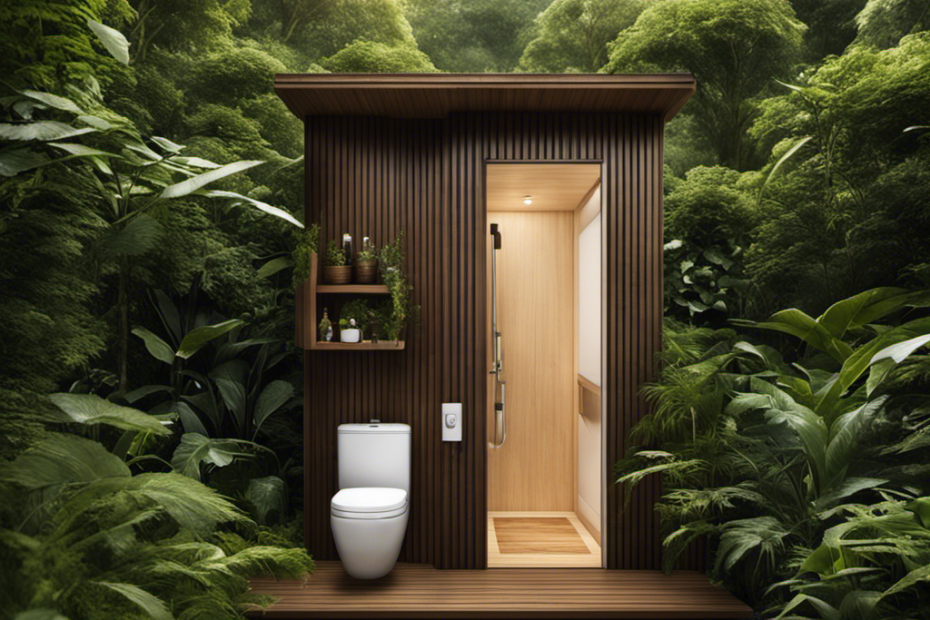 An image showcasing a serene bathroom setting with a composting toilet, surrounded by lush greenery