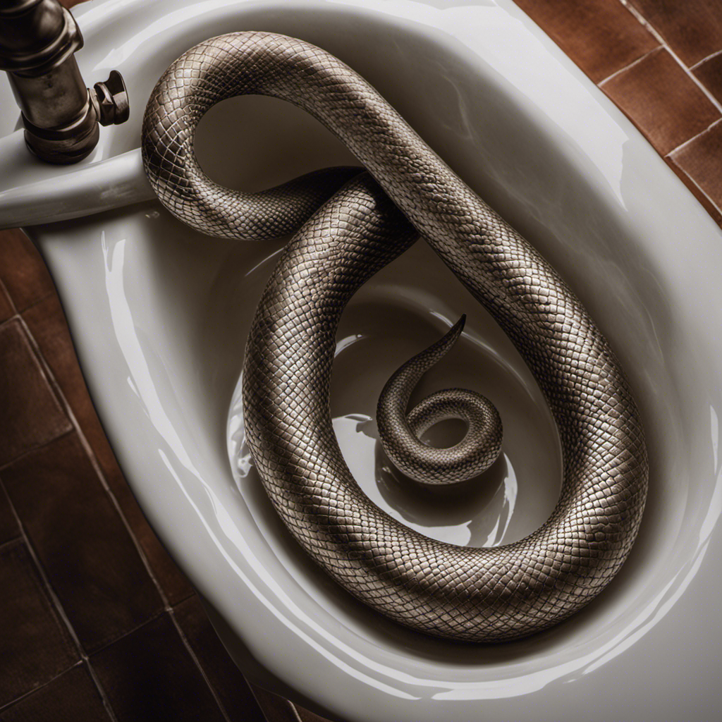 An image capturing a close-up view of a gloved hand deftly maneuvering a long, coiled drain snake through a partially dismantled bathtub drain, showcasing the step-by-step process of effectively using this plumbing tool