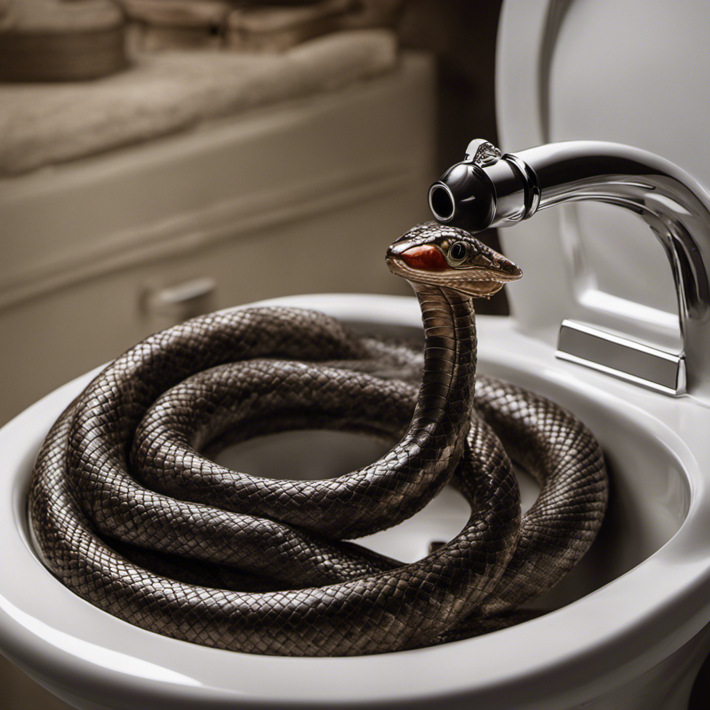 An image showcasing a person wearing gloves, holding a drain snake with a corkscrew-like end, as they skillfully navigate it down a toilet drain, demonstrating the step-by-step process of using a drain snake effectively