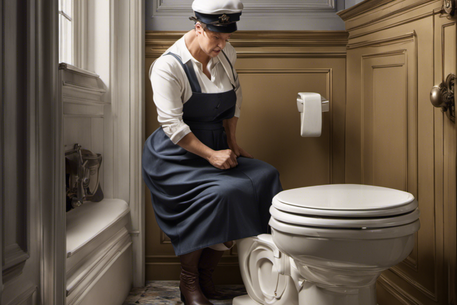 An image showcasing the step-by-step process of using a French toilet, depicting a person entering a bathroom, lifting the lid with a foot, squatting over the hole, and flushing afterward