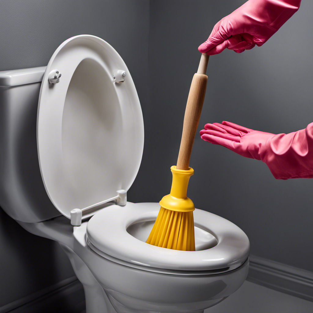 An image showcasing a person wearing rubber gloves, firmly gripping a plunger's wooden handle, as they position it over a clogged toilet bowl