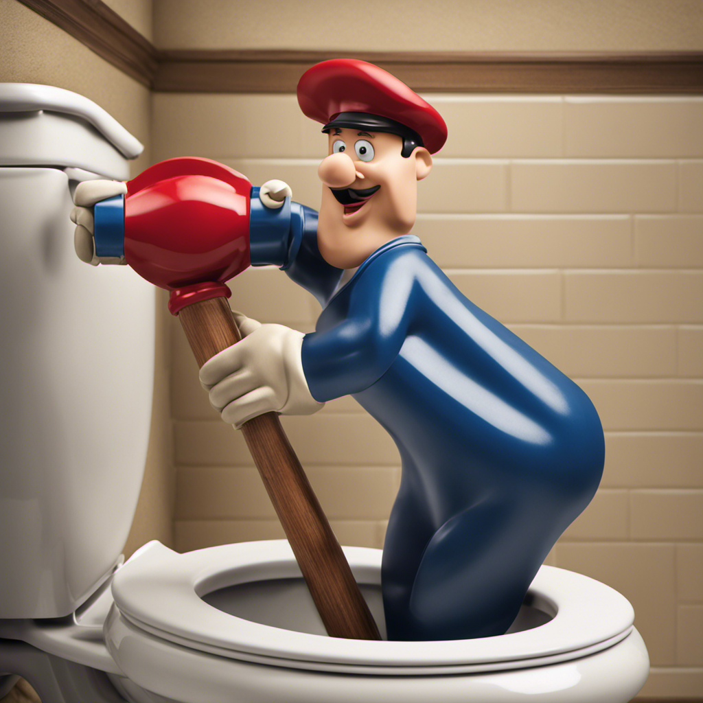 An image that shows a person wearing gloves, holding a plunger with a wooden handle, positioned over a clogged toilet bowl