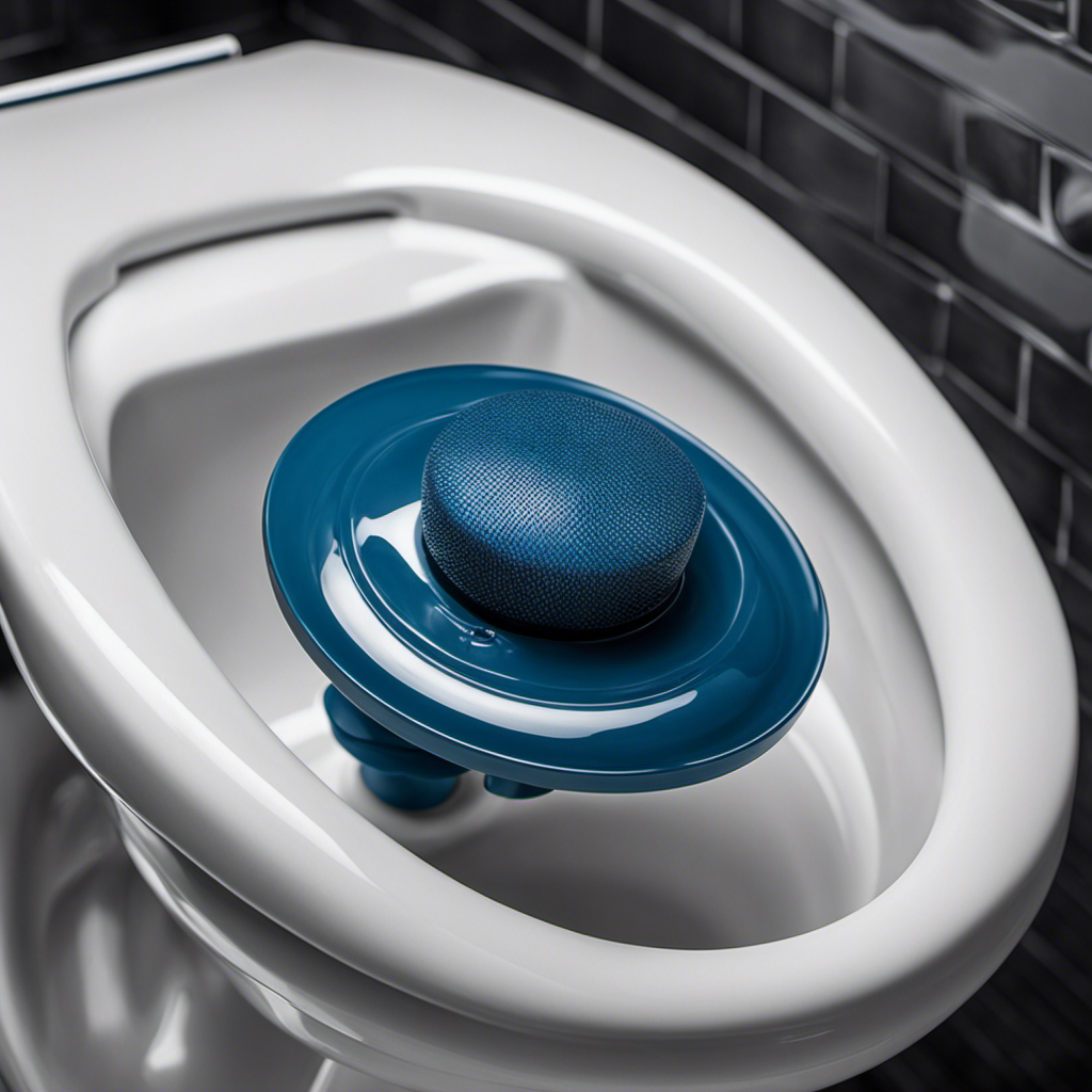 An image that showcases a close-up view of a plunger's rubber suction cup pressed firmly against the toilet bowl, highlighting the motion of plunging to effectively unclog the toilet