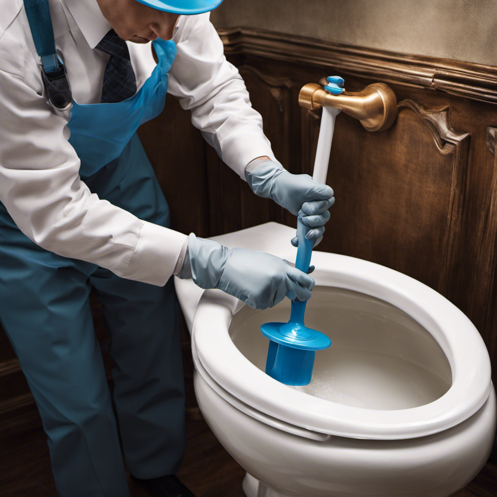 An image showcasing a person wearing rubber gloves, gripping a plunger, as they lean over a toilet bowl filled with water