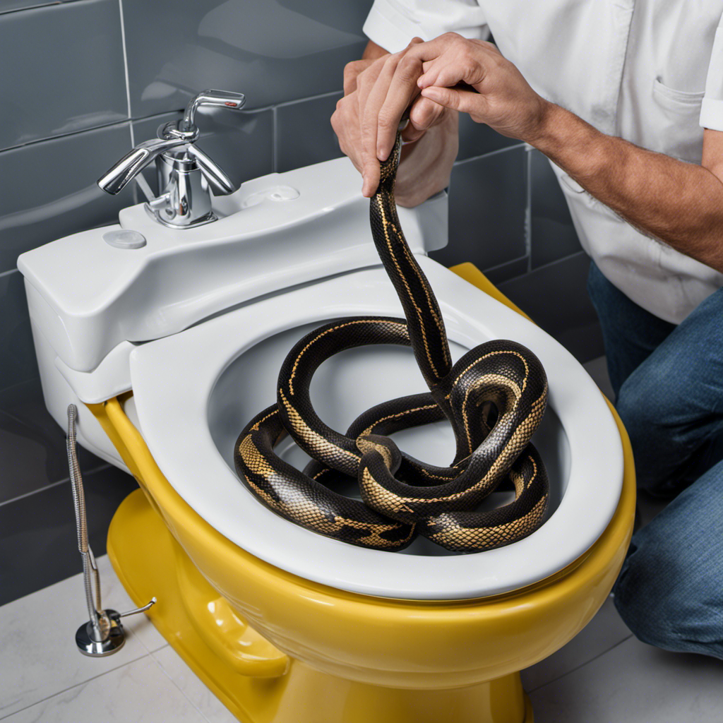 An image showcasing a person wearing rubber gloves, confidently holding a plumbing snake with coiled metal wire, while gently maneuvering it into a toilet bowl, demonstrating the step-by-step process of unclogging a toilet