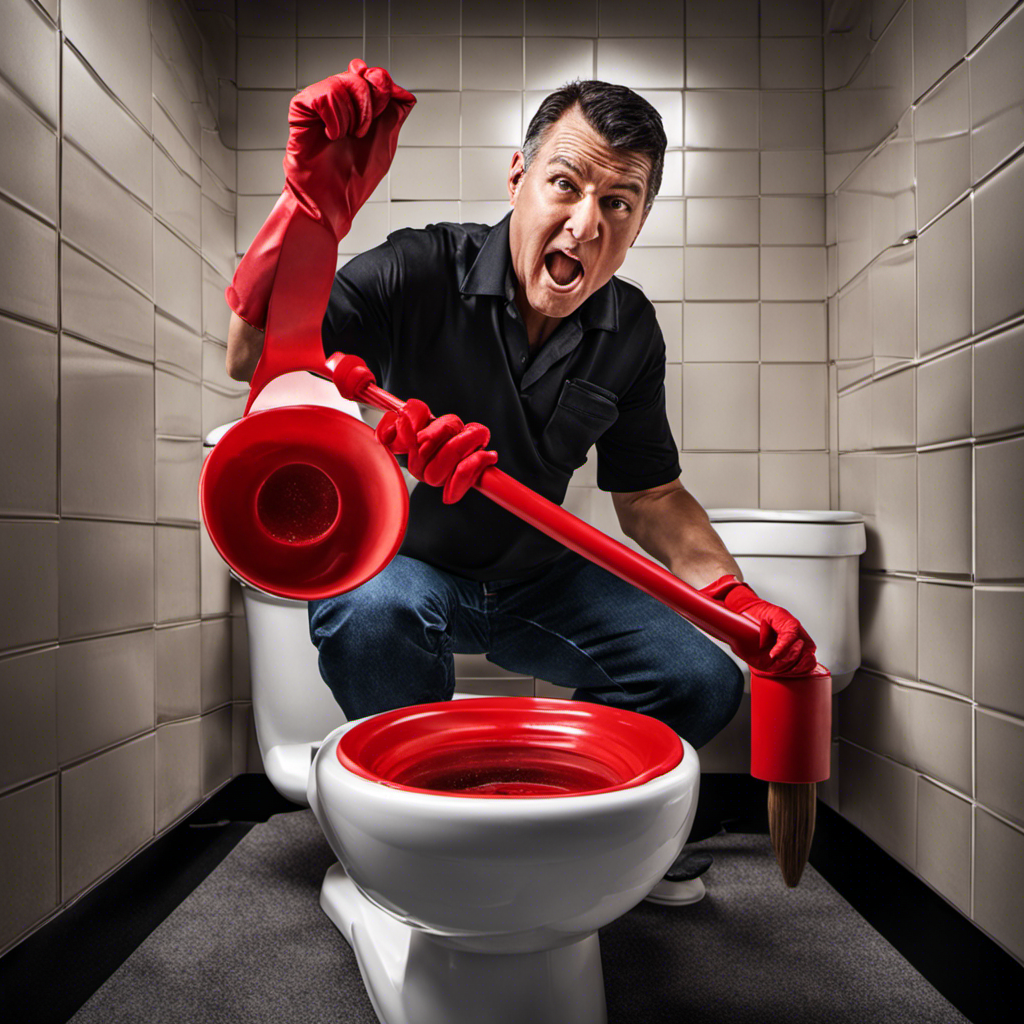 An image depicting a person wearing rubber gloves, holding a red toilet plunger positioned vertically against a clogged toilet bowl