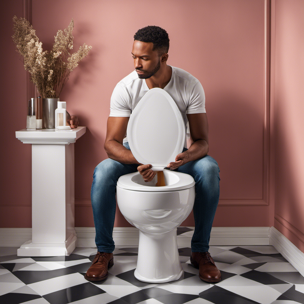 An image of a person standing in front of a clean toilet, holding a toilet seat cover with both hands