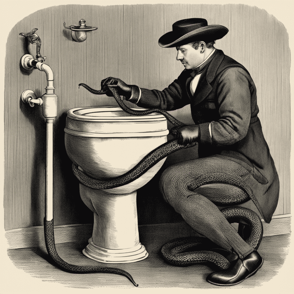 An image showcasing a hands-on demonstration of using a toilet snake: a person wearing gloves holds the coiled snake, guiding it into a toilet bowl while applying gentle pressure