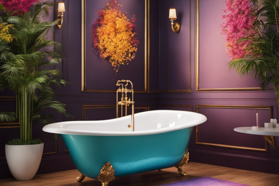 An image that showcases a serene bathroom scene, with a luxurious bathtub filled to the brim with steaming water, adorned with aromatic bath salts in vibrant colors, ready to transport you into a world of relaxation and rejuvenation